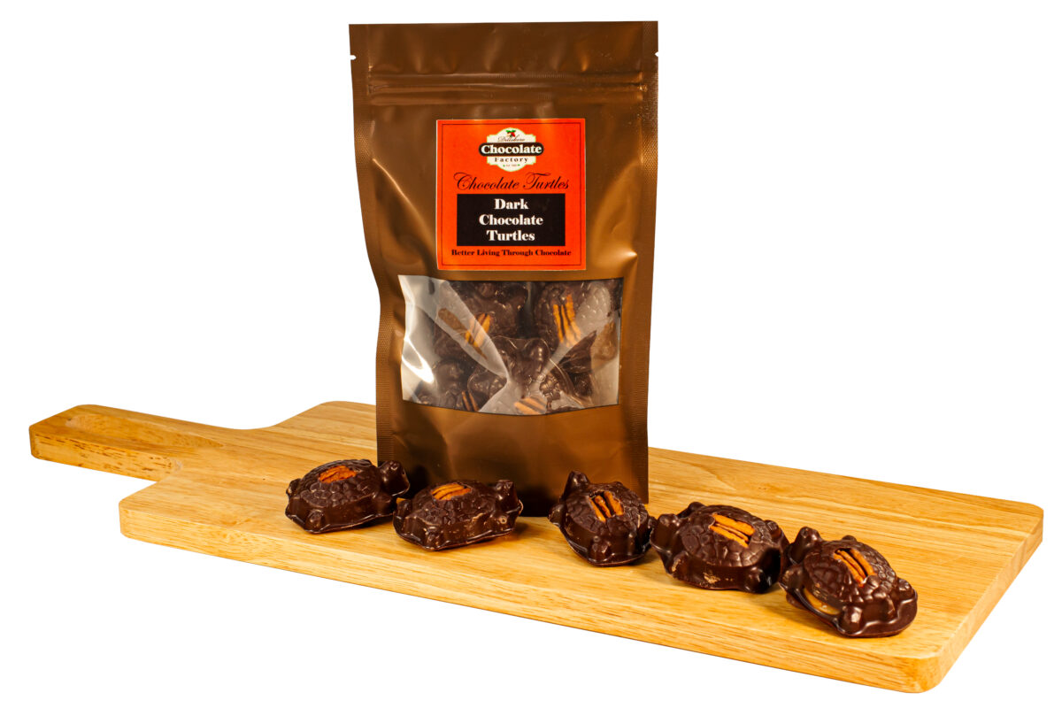 Turtles made from dark chocolate, handcrafted caramel, and pecans