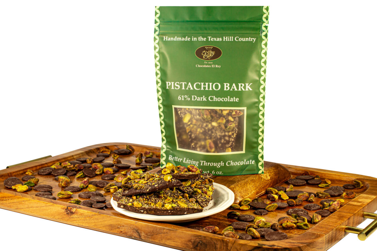 Dark chocolate bark made with toasted pistachios and toffee bits