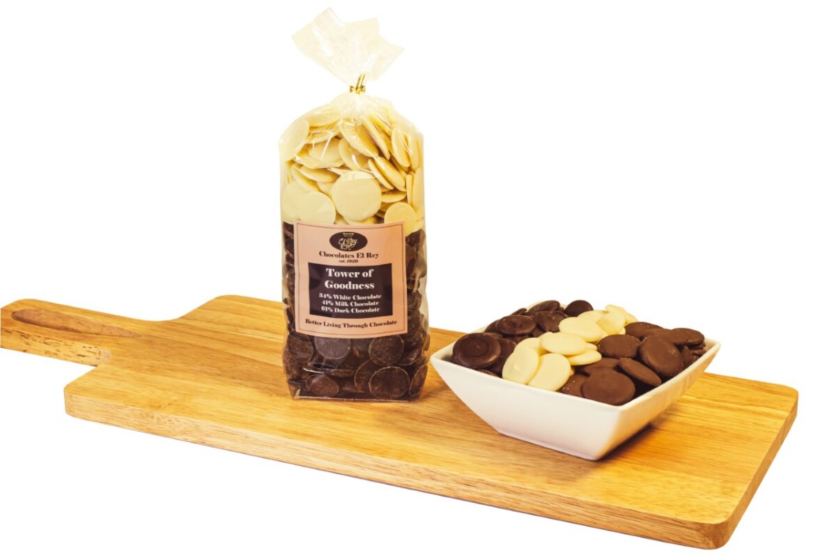Tower of Goodness features a sampler pack of white, milk, and dark chocolate discos