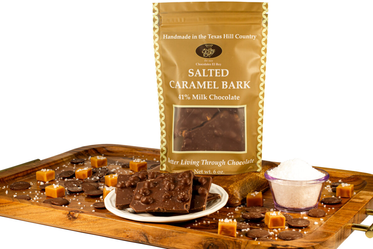 Creamy milk chocolate bark made with chewy chunks of salted caramel